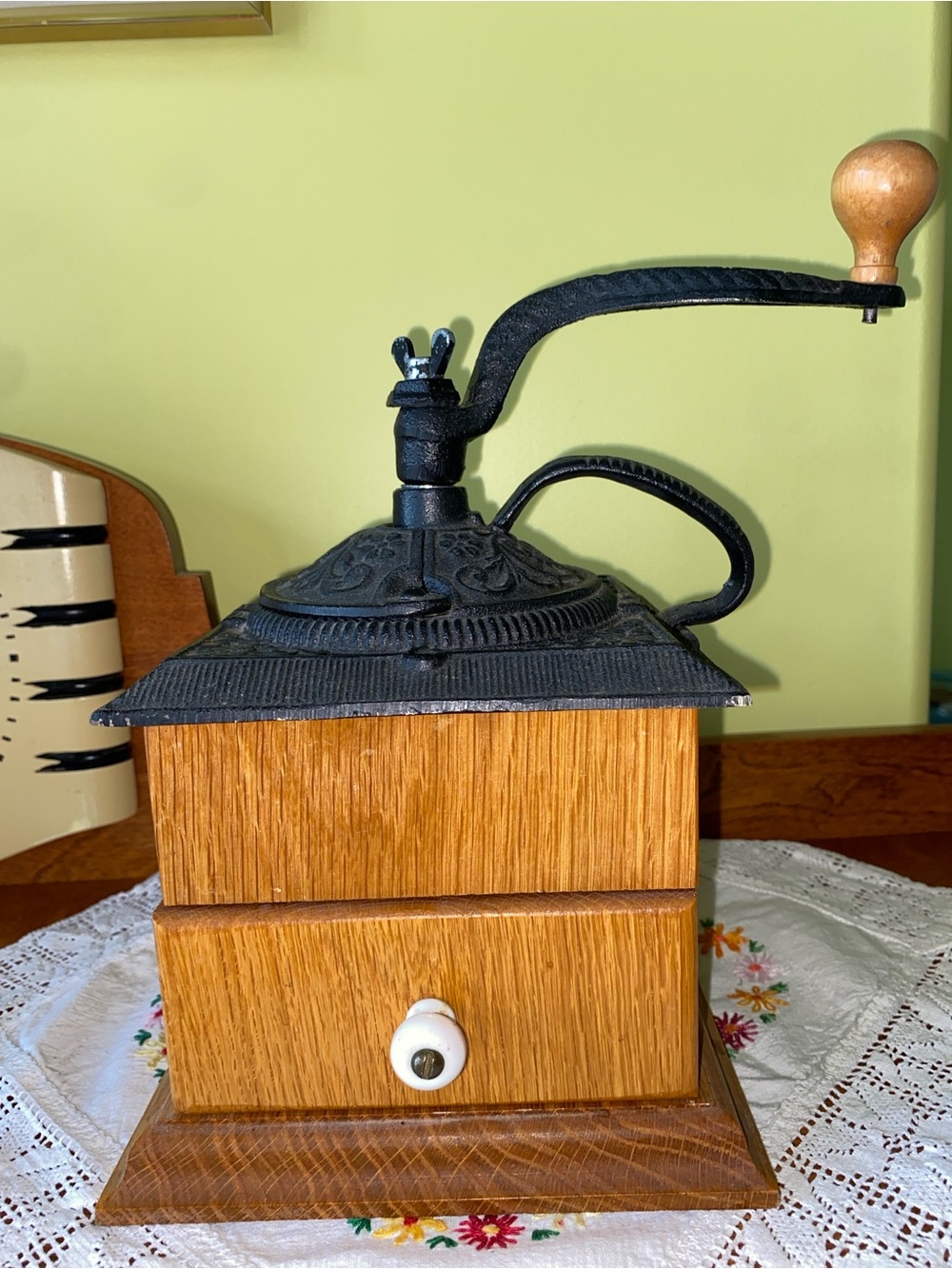 Vintage Coffee Bean Grinder Mill - Cast Iron and Wood